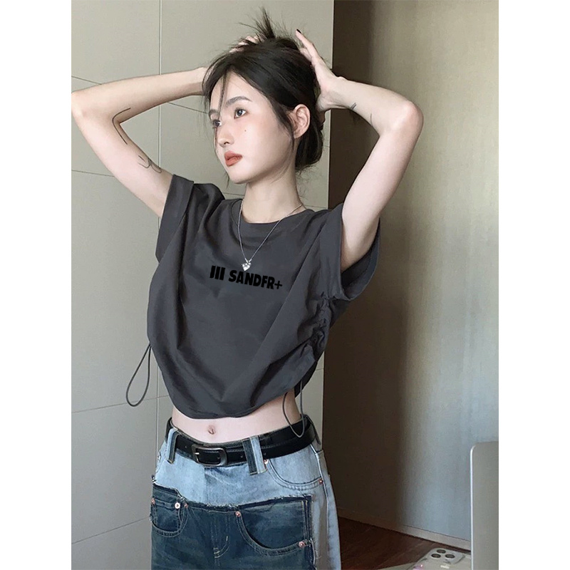 美式设计感短袖t恤女2025夏季抽绳修身显瘦小众辣妹短款别致上衣