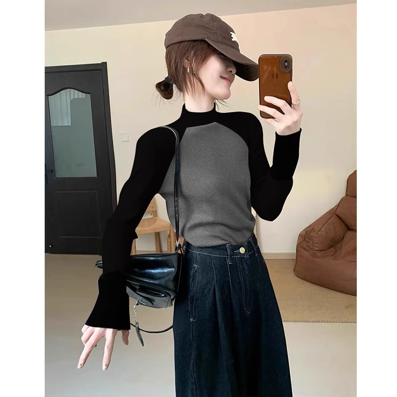 纯棉磨毛插肩袖灰黑拼接撞色T恤女打底衫半高领潮流时尚气质上衣
