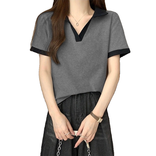 灰色翻领bm辣妹正肩短袖夏季设计感撞色polo领t恤女打底时尚上衣