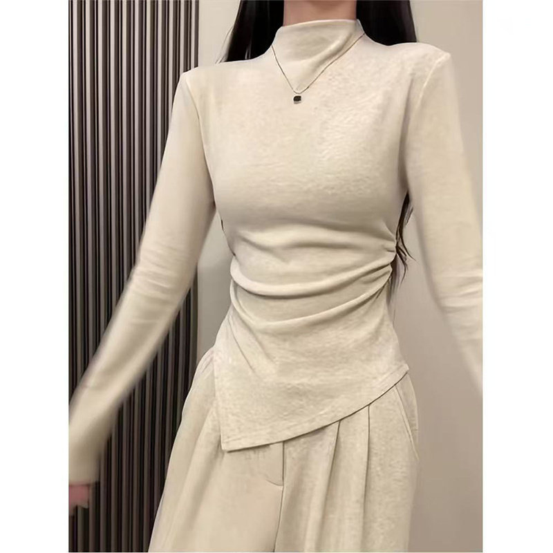 设计感小众德绒半高领打底衫女秋冬内搭保暖加厚小衫修身褶皱上衣