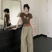 纯棉修身T恤女短袖2025夏季新款小个子高腰内搭辣妹紧身字母上衣