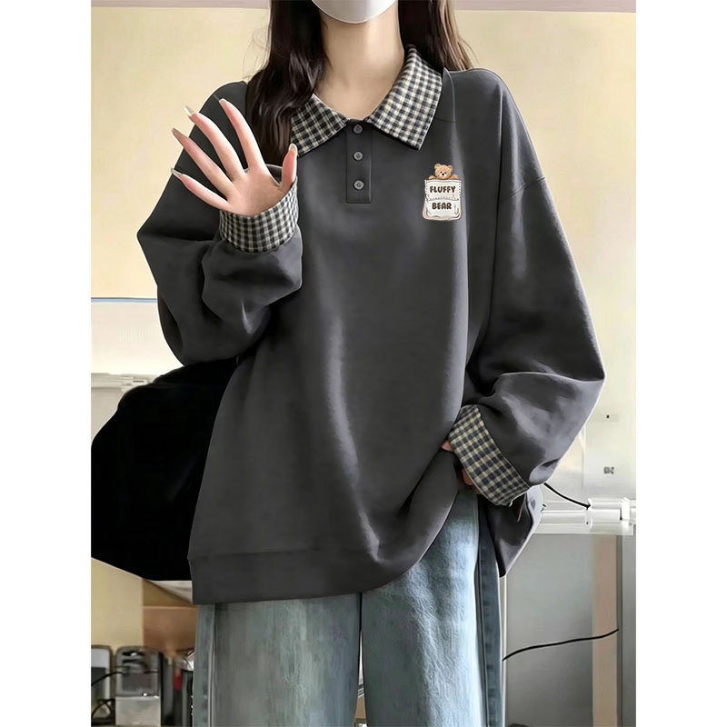 显白灰色美式翻领卫衣女秋冬加绒款高级感polo格子拼接假两件上衣