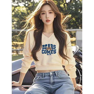 韩系v领套头短款卫衣女秋冬加绒加厚长袖上衣高腰显瘦小个子薄款