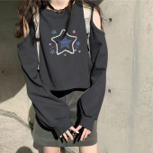 上衣ins 复古小个子宽松T恤高腰短款 设计感露肩长袖 t恤女春秋美式