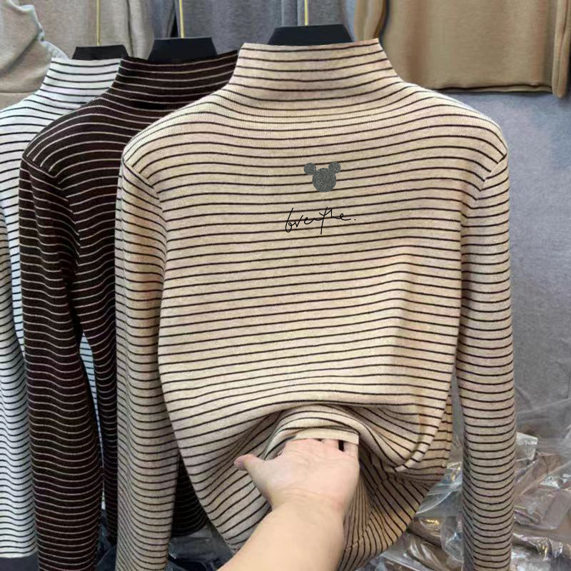 复古磨毛款半高领长袖t恤女打底衫内搭修身显瘦条纹上衣服秋冬季