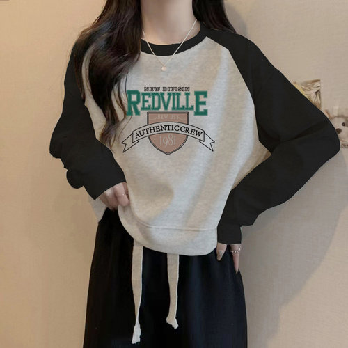纯棉短款卫衣女春秋小个子圆领无帽套头撞色插肩长袖上衣2025新款
