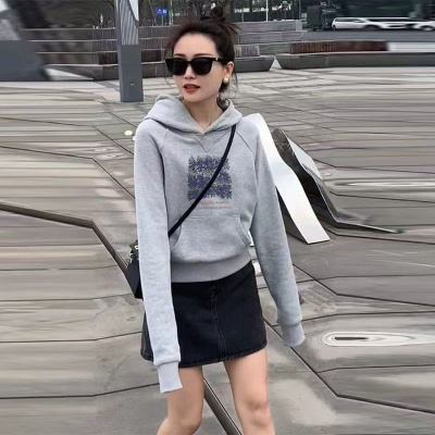 灰色银狐绒卫衣女款小个子加绒加厚时尚百搭女秋冬季保暖短款上衣