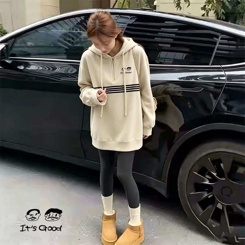 秋冬季半拉链连帽卫衣女中长款遮臀宽松显瘦套头外套杏色上衣潮