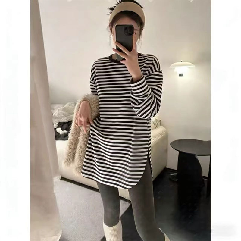 条纹开叉长袖t恤女2026新款秋季弧形下摆中长款上衣女遮屁股洋气,女装/女士精品,T恤,淘宝优惠券,粉丝福利购,淘宝优惠卷