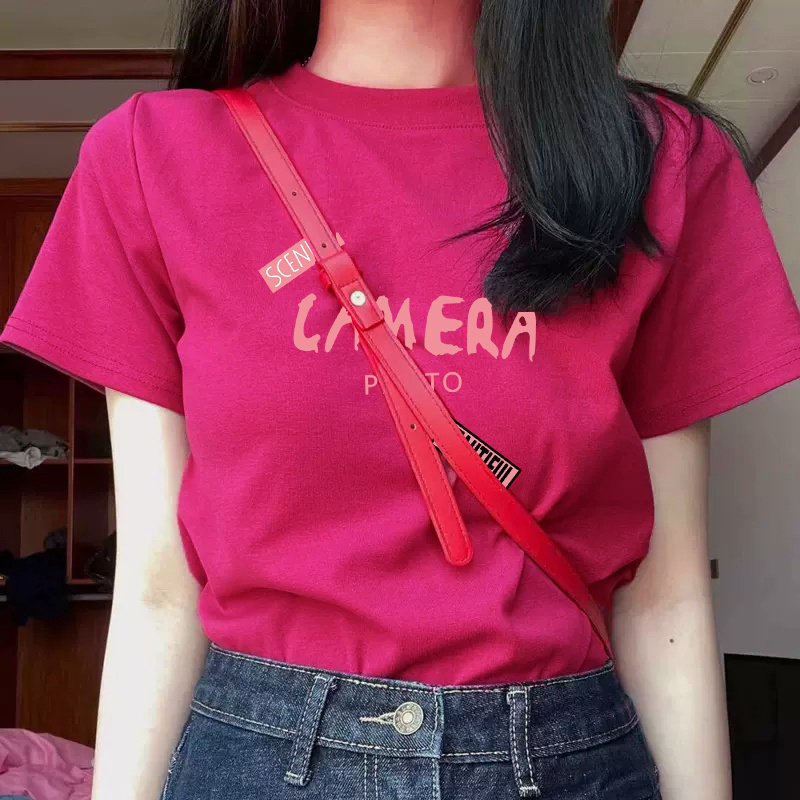 chic港味玫红色t恤女夏季2025新款修身显瘦打底衫欧货短袖纯棉
