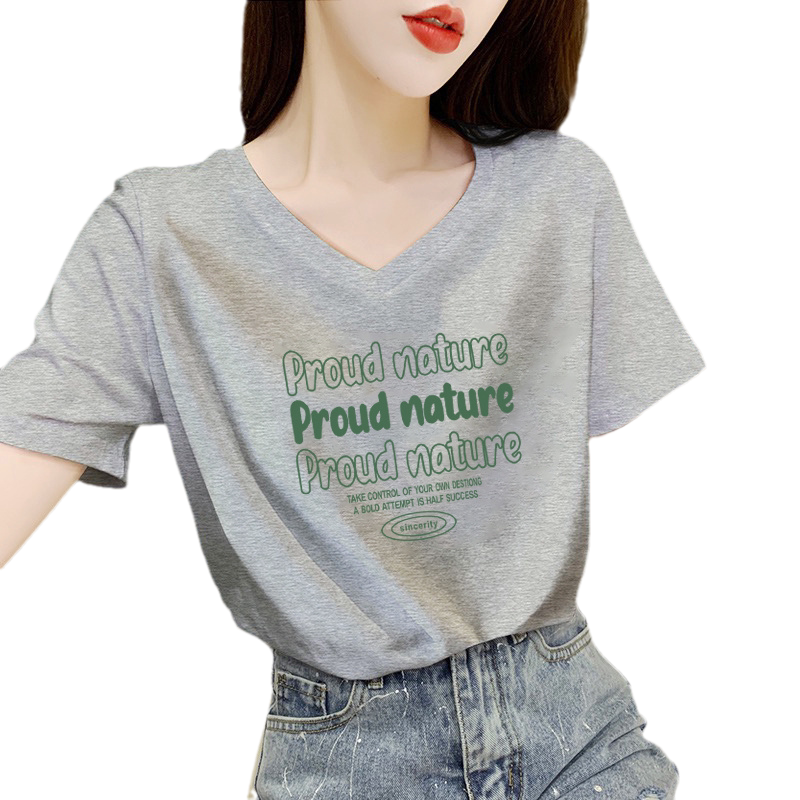 灰色宽松T恤女短袖百搭2025新款打底衫设计感V领正肩显瘦上衣
