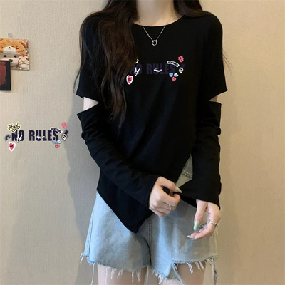 黑色不规则T恤女2025年秋季胖mm显瘦收腰开叉设计感小众上衣袖子
