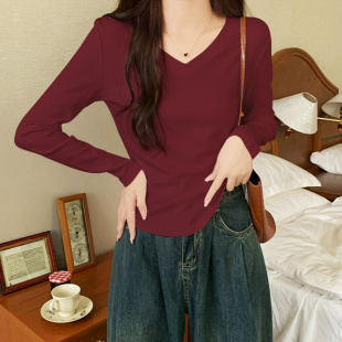 打底衫 辣妹修身 内搭酒红色长袖 上衣春秋季 下摆弧形T恤女正肩短款