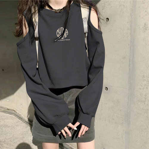 初秋长袖t恤打底衫女2025早秋新款女装双肩露肩短款上衣春秋款