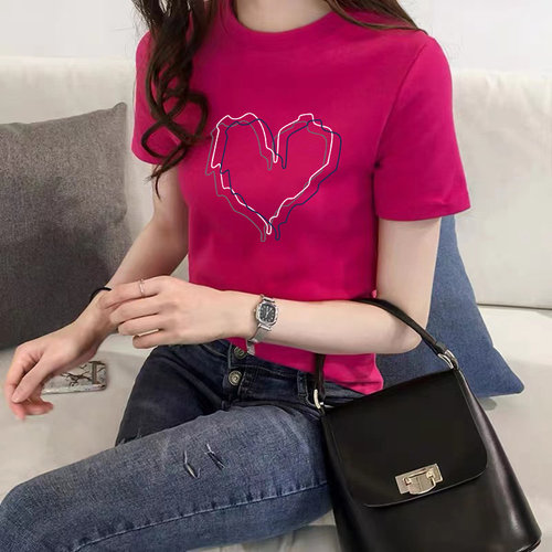 玫红色正肩短袖t恤女港味