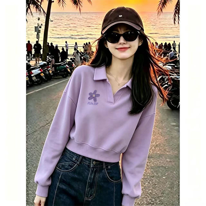 高腰短款紫色卫衣女2026年秋冬新款小个子加绒舒适字母印花上衣服