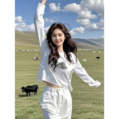 2025新款春秋新款百搭宽松短款上衣打底衫女秋冬白色内搭长袖t恤