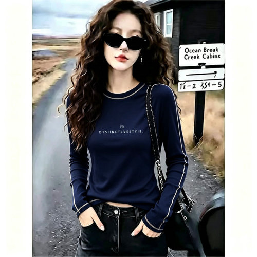 时尚气质圆领撞色明线打底衫女秋冬藏蓝色显白T恤高级感短款上衣
