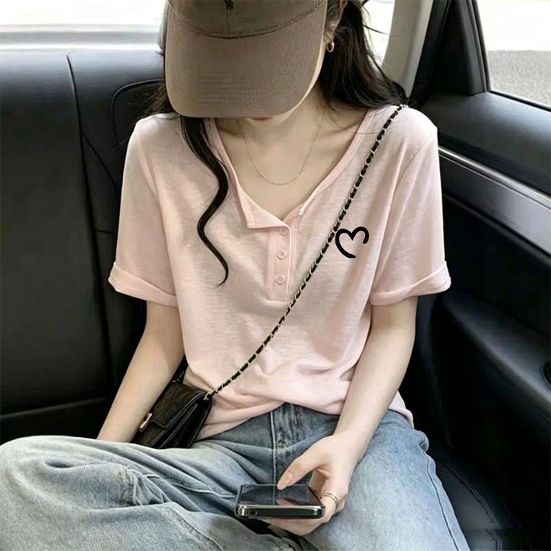 纯色正肩亨利领雪花棉短袖t恤女夏季大码宽松纽扣高级感小众上衣