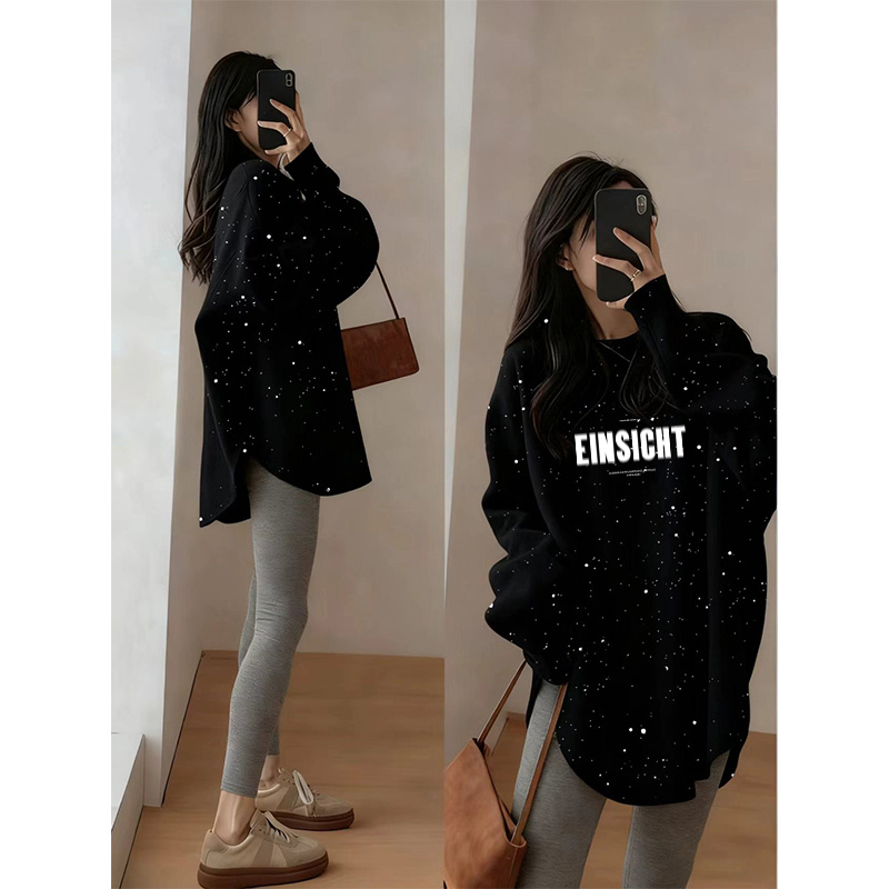 设计感黑色中长款磨毛保暖长袖t恤女士满天星亮片宽松显瘦上衣ins