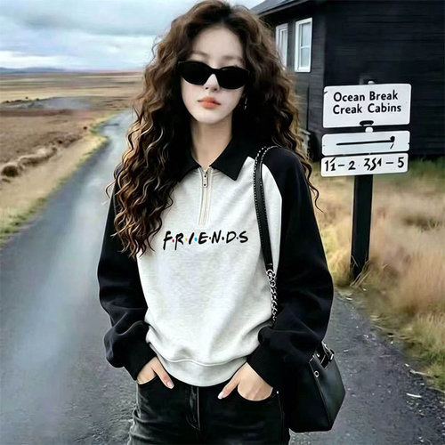 美式复古插肩袖加绒厚上衣女秋冬季小个子字母印花短款POLO领卫衣