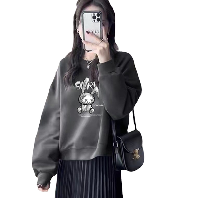 chic显瘦小个子短款卫衣女2022年秋冬加厚款圆领长袖灰色加绒上衣