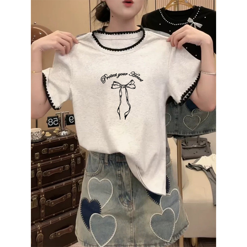 撞色拼接小圆领短袖T恤女2025夏季修身百搭韩系上衣ins半袖上衣