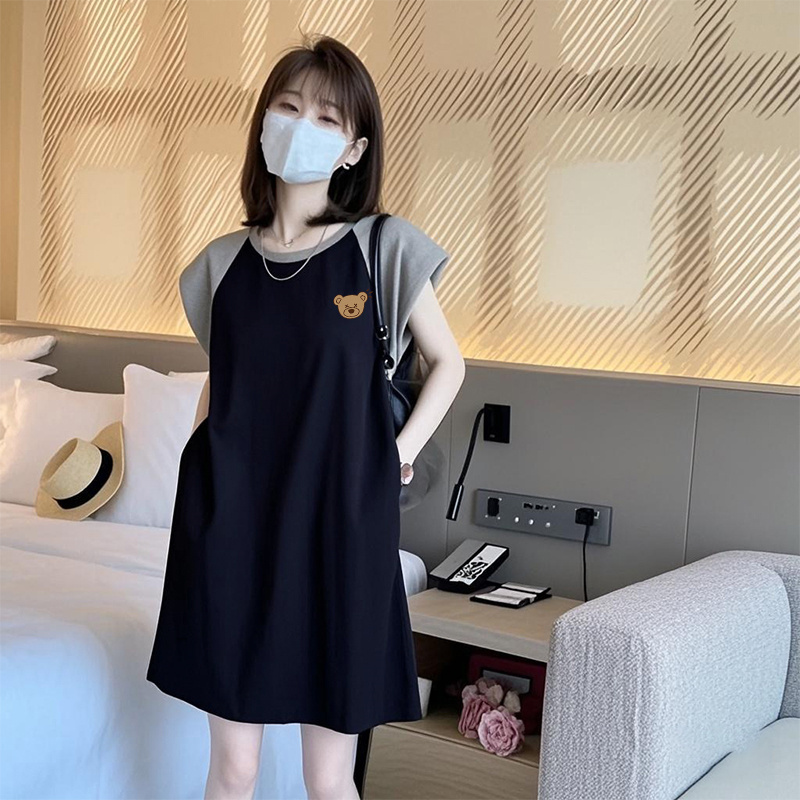 大码女装插肩短袖t恤连衣裙子夏季棉质中长款胖mm遮肚显瘦口袋裙