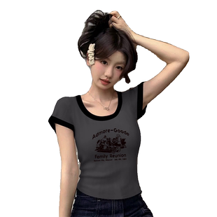 灰色短袖t恤女2025年夏季新款印花宽松显瘦短款bm甜辣风爆款上衣