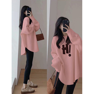 T恤配鲨鱼裤 胖妹妹宽松打底衫 纯棉长袖 中长款 上衣 女2025年新款