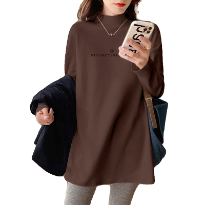 咖色半高领纯棉打底衫女冬季中长款内搭上衣宽松磨毛加厚长袖t恤