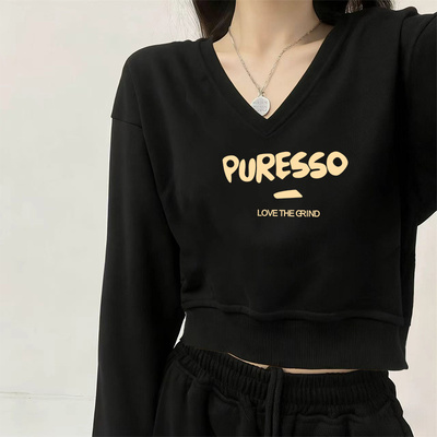 早秋女款黑色V领无帽短款卫衣女2025款韩系chic别致加厚保暖上衣