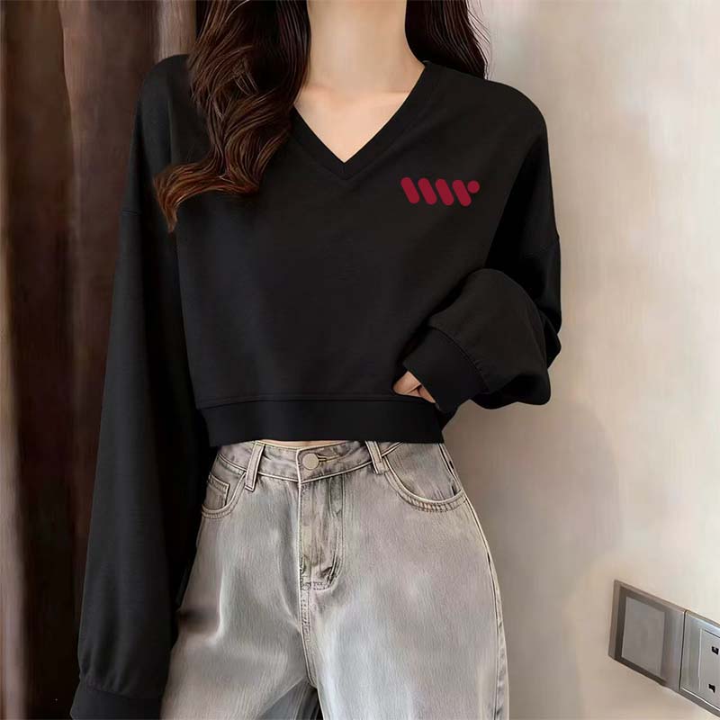 黑色印花v领无帽套头正肩卫衣女装春秋季薄款短款长袖上衣早秋潮