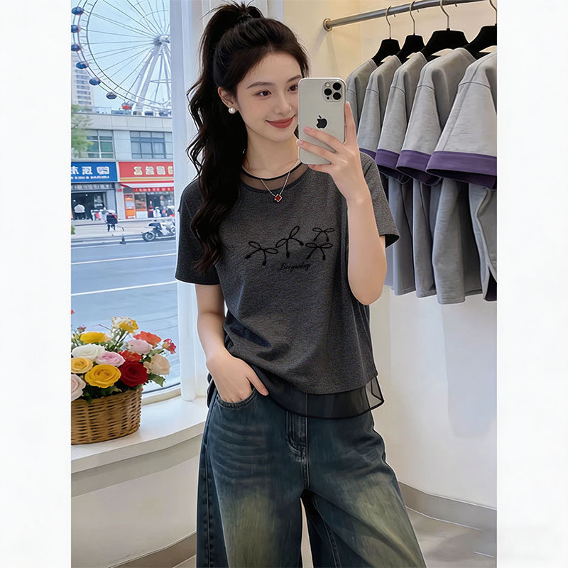 灰色显白短袖t恤女夏季2026新款爆款宽松蕾丝高级小众不撞款上衣