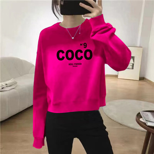 145小个子加绒字母印花长袖 火龙果色卫衣女短款 女 秋冬季 2025新款