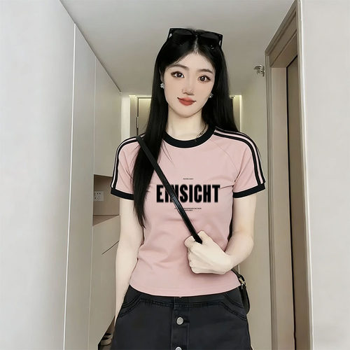夏季新款三条杠棉质短袖t恤显瘦遮肚子上衣美式潮流洋气百搭女装