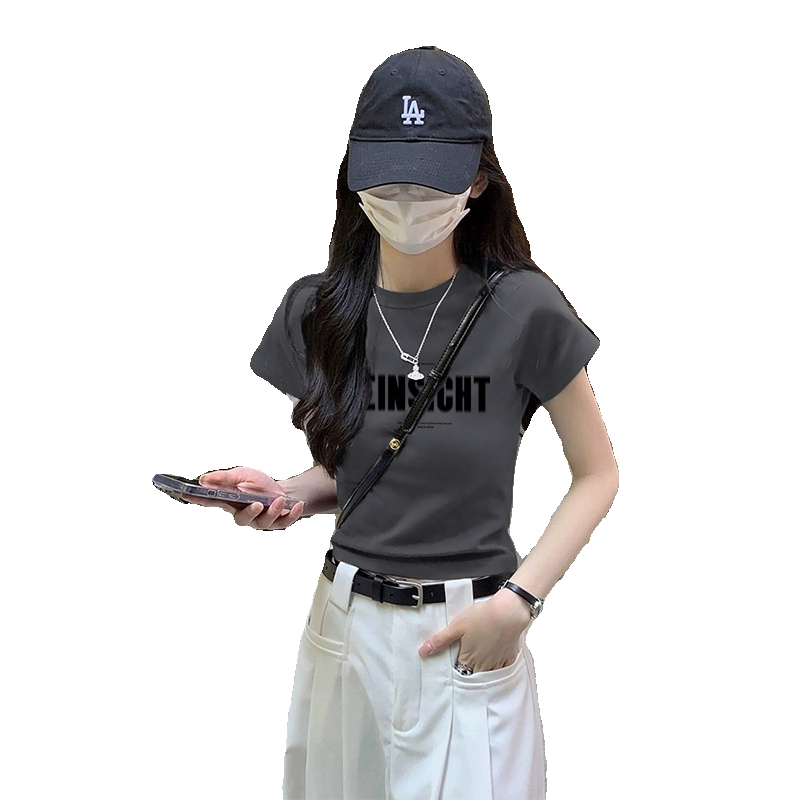 灰色短袖T恤女短款2025新款夏季棉质正肩显瘦印花辣妹体恤上衣潮