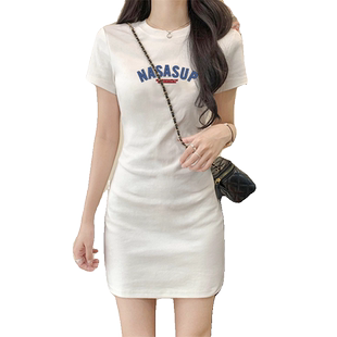 气质圆领修身显瘦性感包臀连衣裙女2025夏装新款休闲紧身短裙子