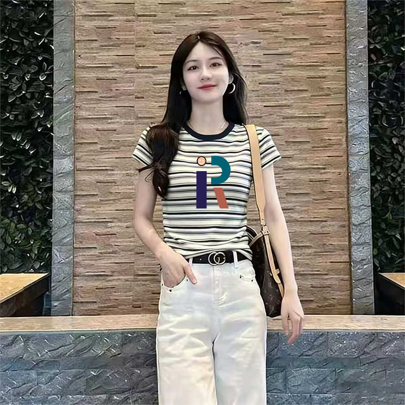 小个子条纹撞色正肩短袖女2026夏季修身显瘦显高百搭辣妹上衣潮