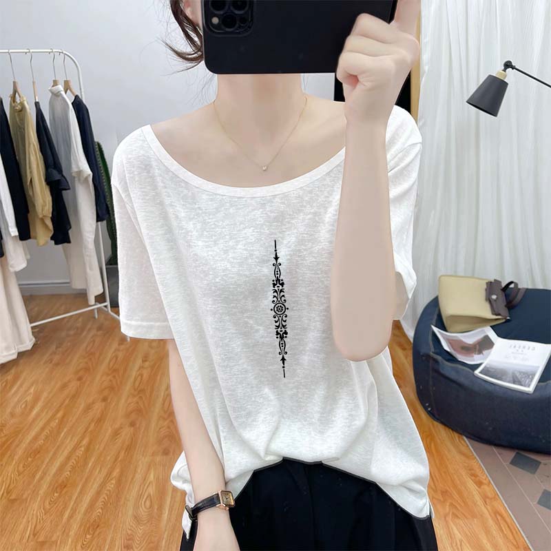 夏季新款雪花棉短袖T恤女u领设计感打底衫宽松显瘦胖mm常规款上衣