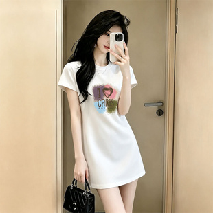 小个子友好白色连衣裙女夏中长款T恤裙圆领正肩女装纯欲修身长裙