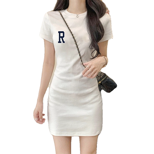 中长款纯色连衣裙女夏季正肩圆领修身包臀裙子设计感小众T恤裙