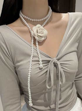 奥特莱斯撤柜山茶花项链女百搭连衣裙腰带感新款珍珠花朵腰链颈链