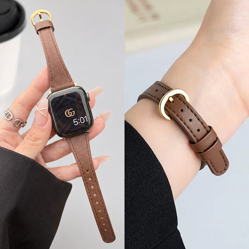 适用苹果手表表带S11/10小蛮腰皮质iwatch9新款s8/s7气质表带applewatch8/7/6/5/se女士款柔软皮质复古手腕带