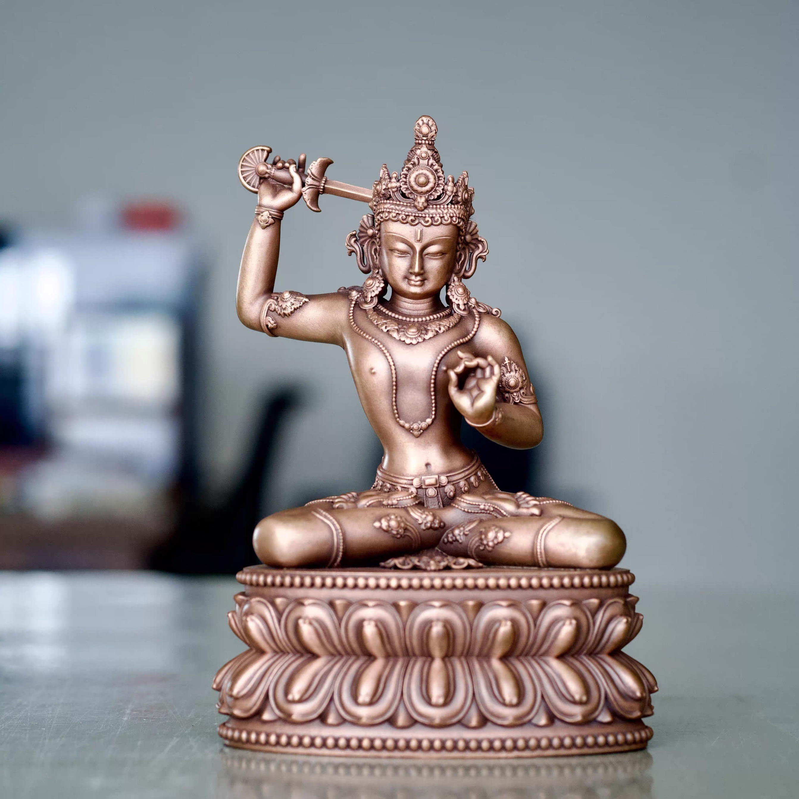 江白央/降白央/文殊/马拉王朝文殊菩萨佛像15cm紫铜精品佛堂摆件