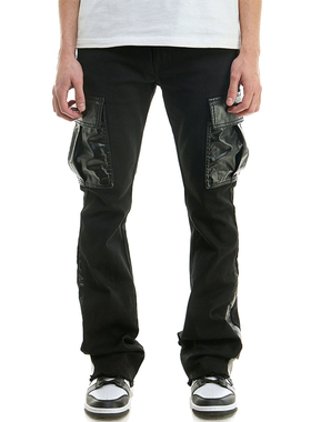 KDNK美式修身微喇叭弹力斜纹布拼接PU男裤-KNB3372