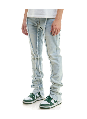 KDNK美式拼接毛边水洗做旧复古休闲微弹修身男士长牛仔裤-KND4612