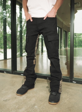 KDNK美式修身迷彩拼接全棉微弹牛仔微喇叭男裤-KND4594