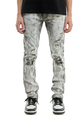 KDNK漂白破洞个性美式修身全棉微弹显瘦休闲潮流男牛仔裤-KND4647