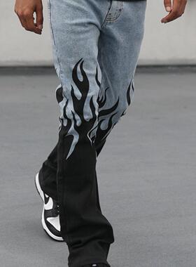 KDNK美式潮流街头修身微喇微弹火焰印花牛仔裤-KND4744